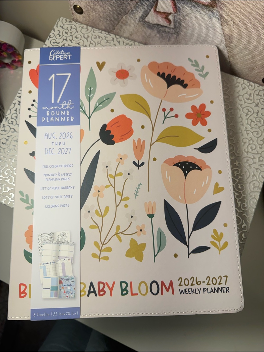 17-Month Round Planner — Baby Bloom Floral Cover in Blue & Peach